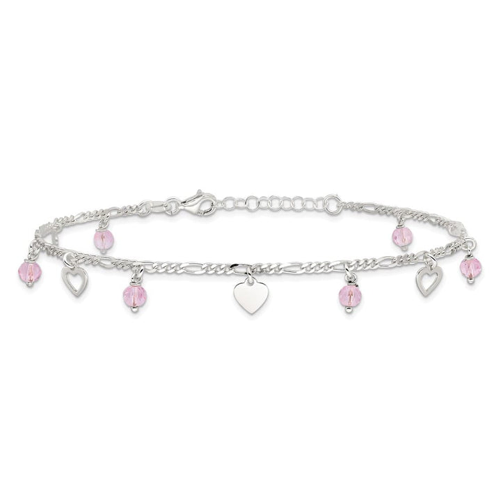 Sterling Silver Pink Glass Beads and Hearts Anklet
