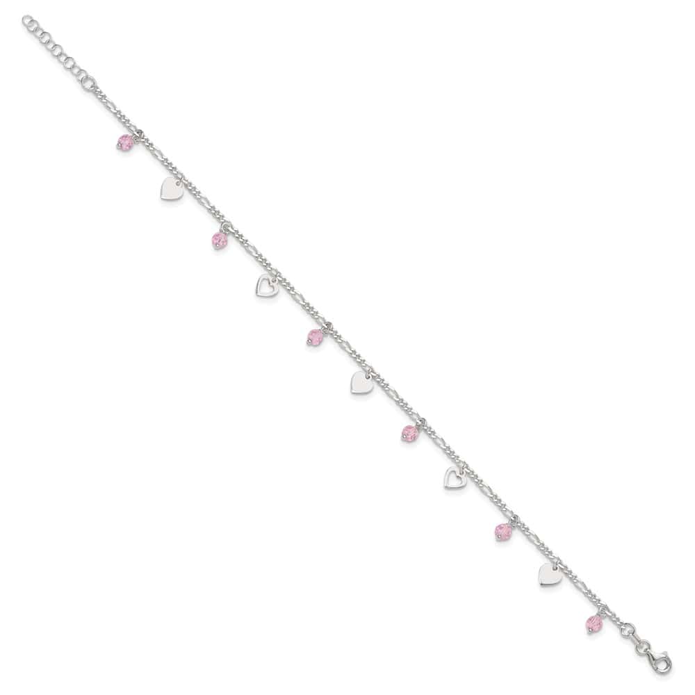 Sterling Silver Pink Glass Beads and Hearts Anklet