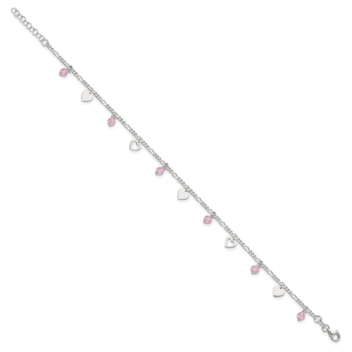 Sterling Silver Pink Glass Beads and Hearts Anklet