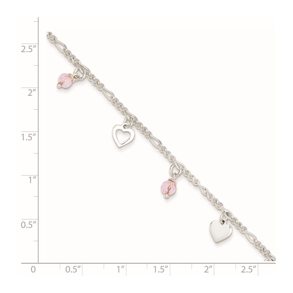 Sterling Silver Pink Glass Beads and Hearts Anklet