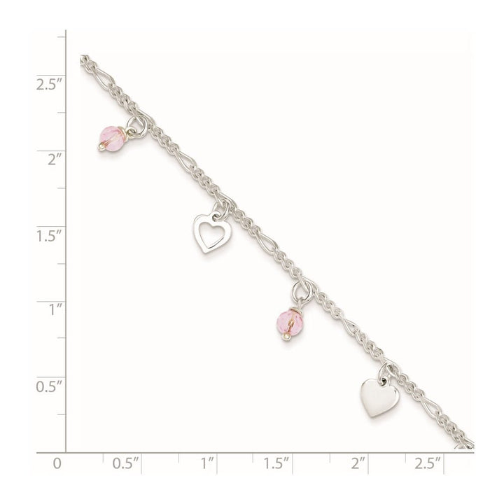 Sterling Silver Pink Glass Beads and Hearts Anklet