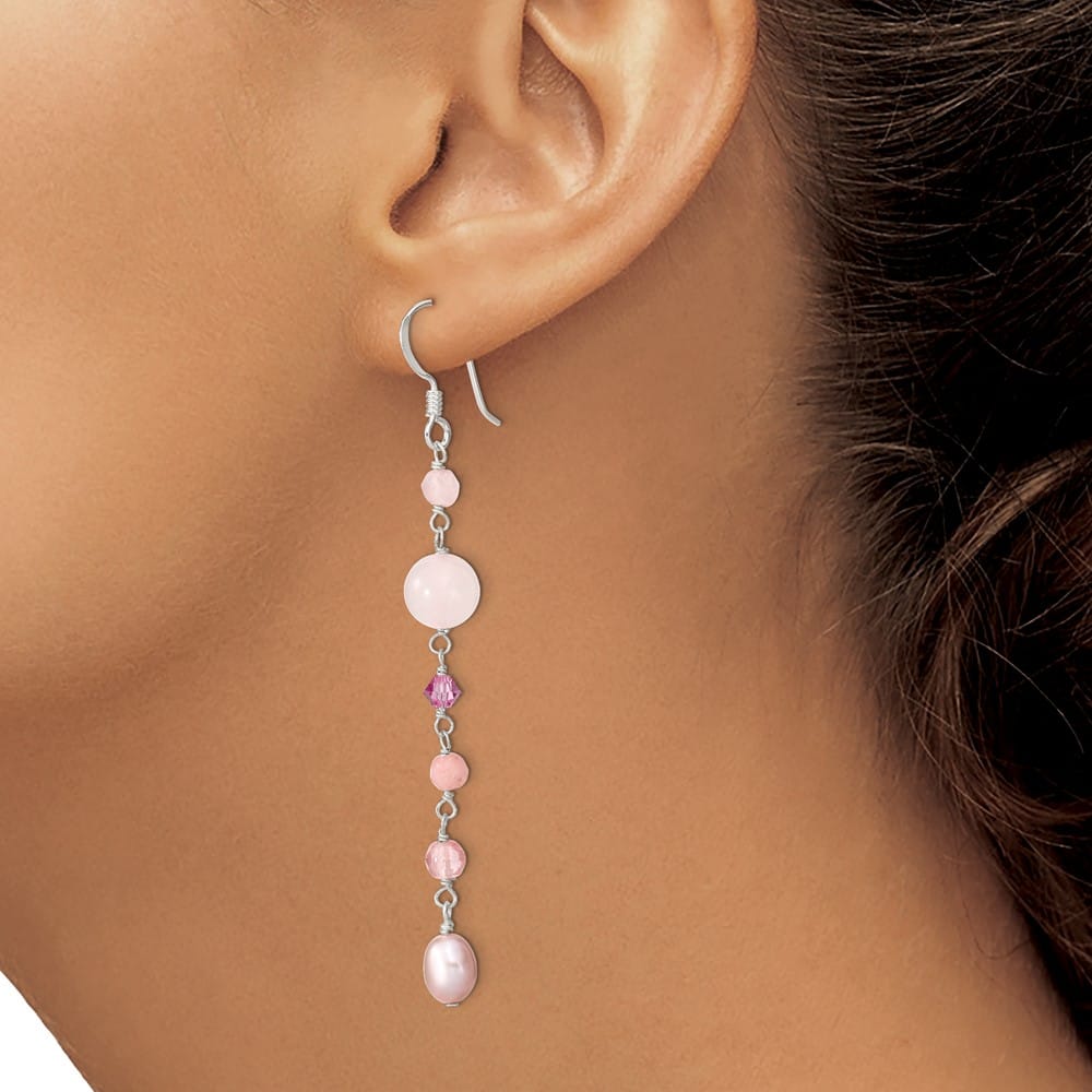 Sterling Silver Pink Pearl, Pink Jade, & Rose Quartz Dangle Earrings, view 3 of 4