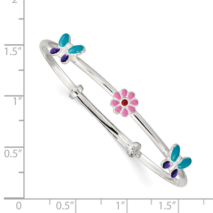 Sterling Silver Pink/Red Flower and Blue/Purple Bangle Bracelet