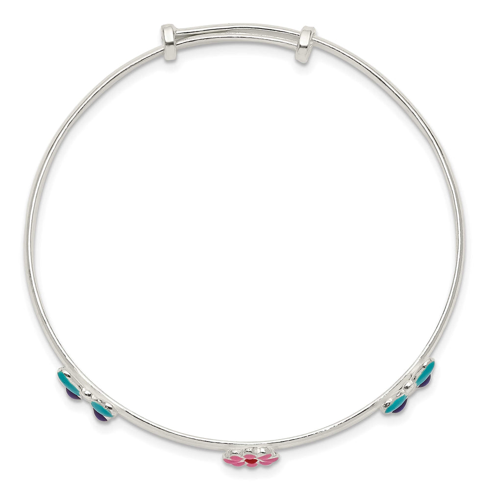 Sterling Silver Pink/Red Flower and Blue/Purple Bangle Bracelet