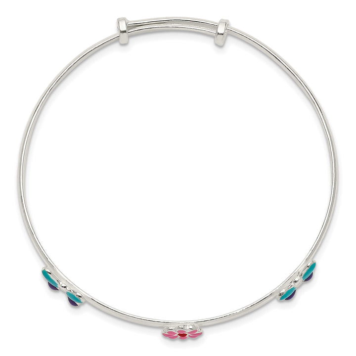 Sterling Silver Pink/Red Flower and Blue/Purple Bangle Bracelet