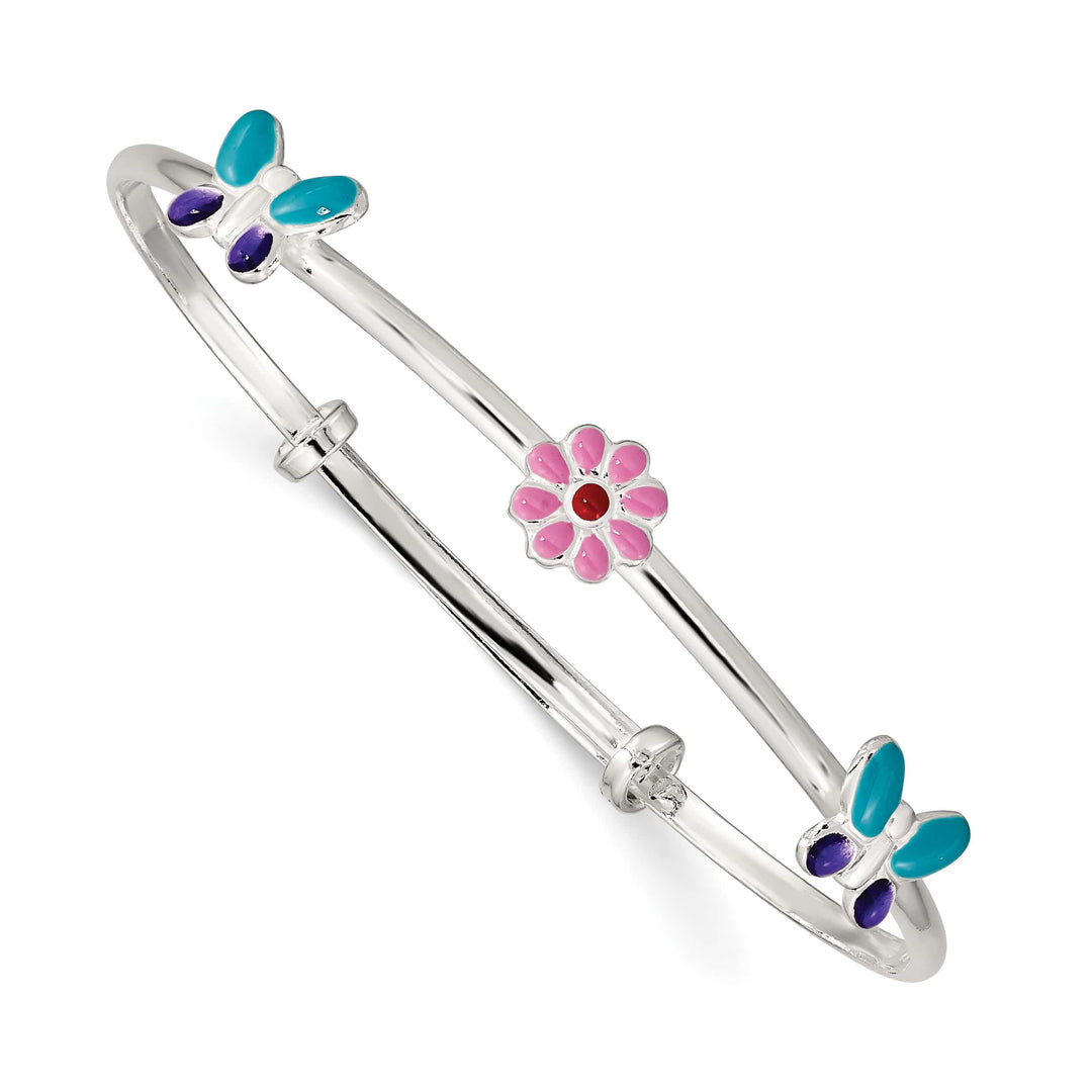 Sterling Silver Pink/Red Flower and Blue/Purple Bangle Bracelet