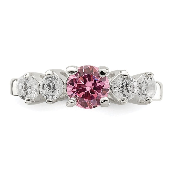 Sterling Silver Pink Round CZ with Side Stones Ring