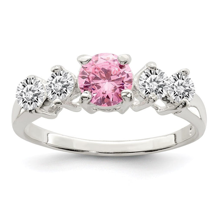 Sterling Silver Pink Round CZ with Side Stones Ring