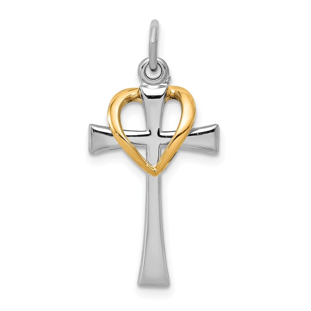 Sterling Silver Platinum-Tone Gold-tone Cross with Heart Pendant