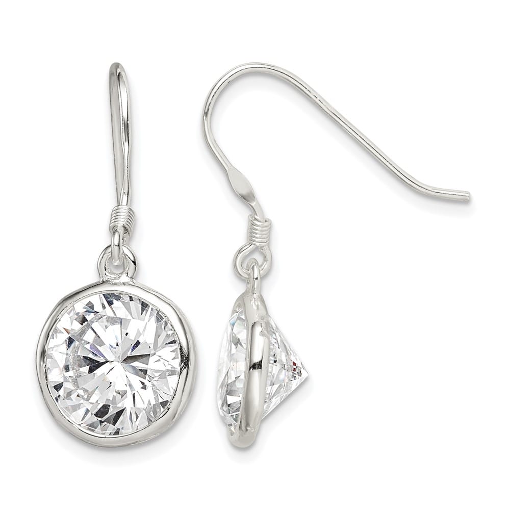 Sterling Silver Polished 11mm Round CZ Bezel Set Dangle Earrings, view 1 of 4