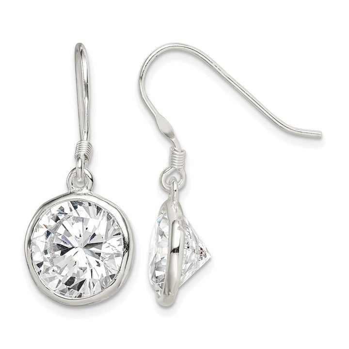 Sterling Silver Polished 11mm Round CZ Bezel Set Dangle Earrings, view 1 of 4