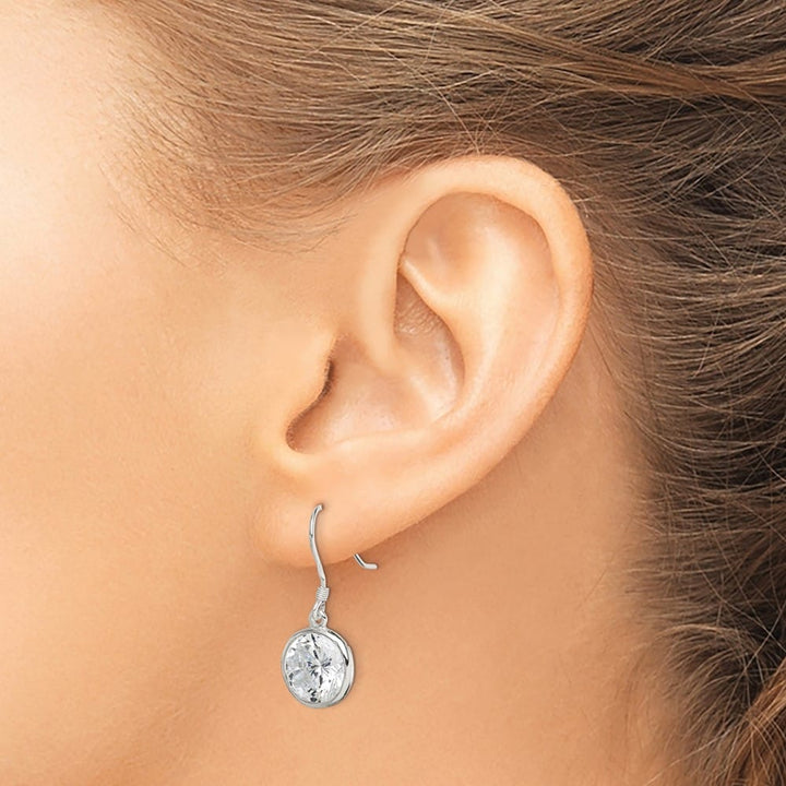 Sterling Silver Polished 11mm Round CZ Bezel Set Dangle Earrings, view 3 of 4