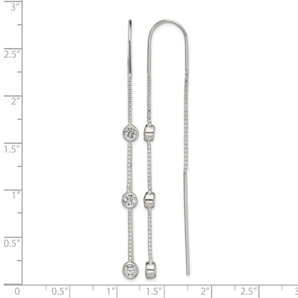 Sterling Silver Polished 3 Bezel Set CZs Threader Earrings, view 4 of 5