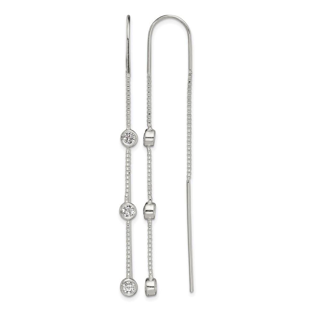 Sterling Silver Polished 3 Bezel Set CZs Threader Earrings, view 1 of 5