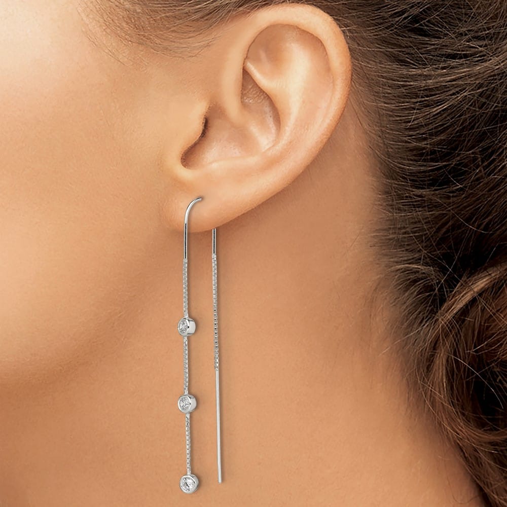 Sterling Silver Polished 3 Bezel Set CZs Threader Earrings, view 3 of 5