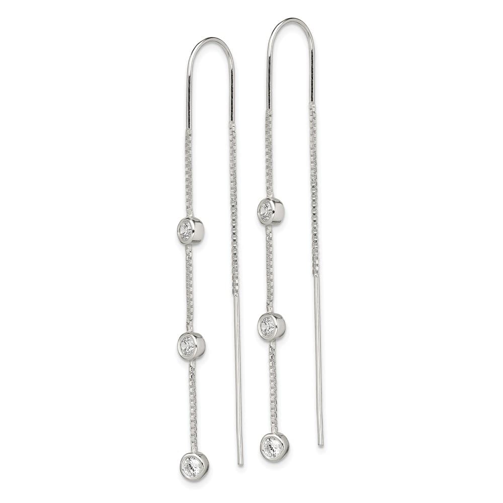 Sterling Silver Polished 3 Bezel Set CZs Threader Earrings, view 2 of 5