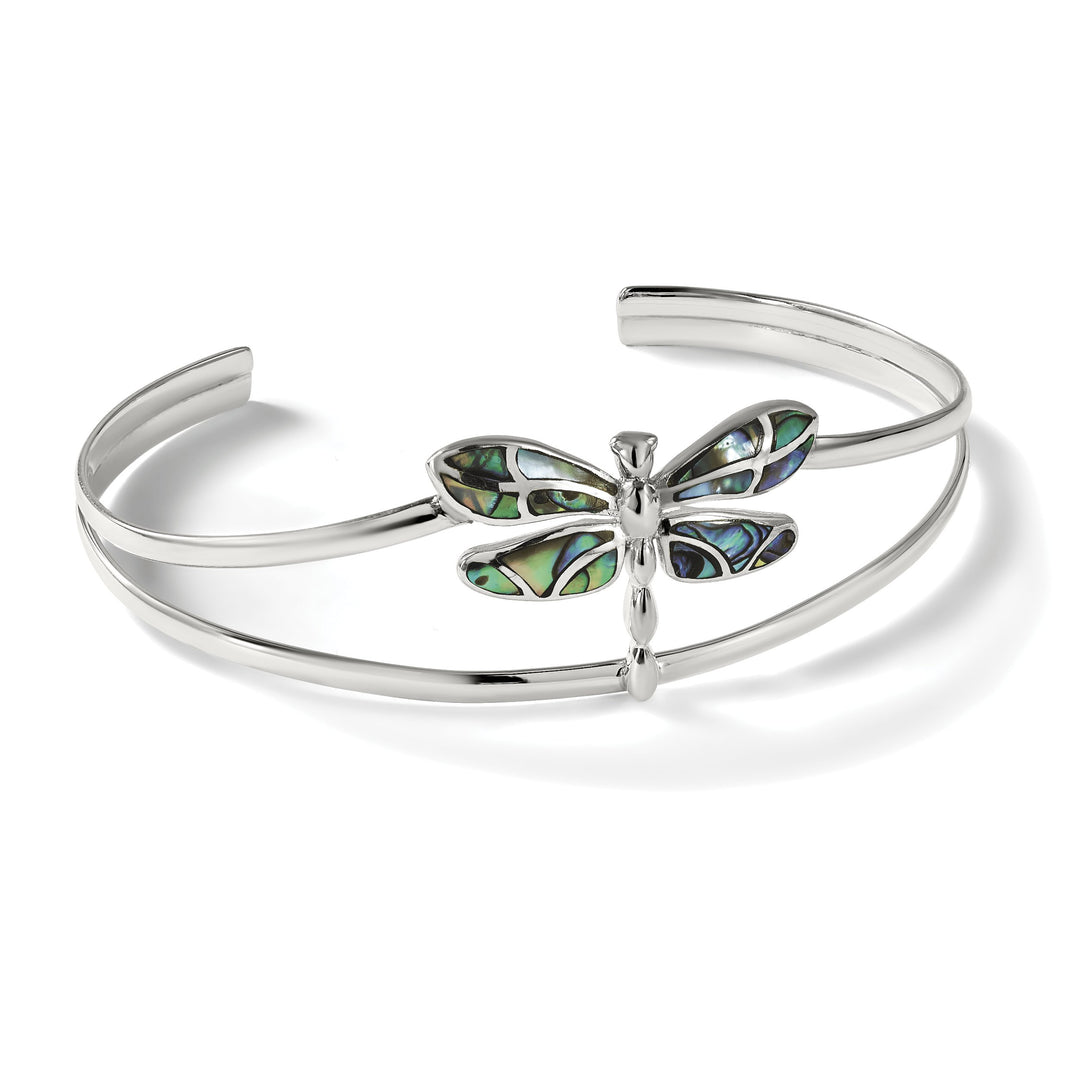 Sterling Silver Polished Abalone Dragonfly Cuff Bangle Bracelet