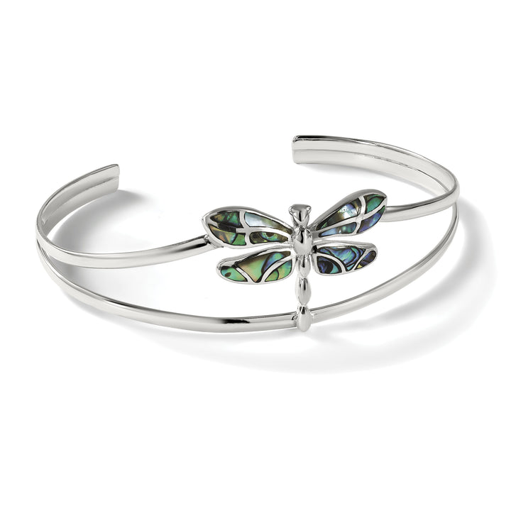Sterling Silver Polished Abalone Dragonfly Cuff Bangle Bracelet
