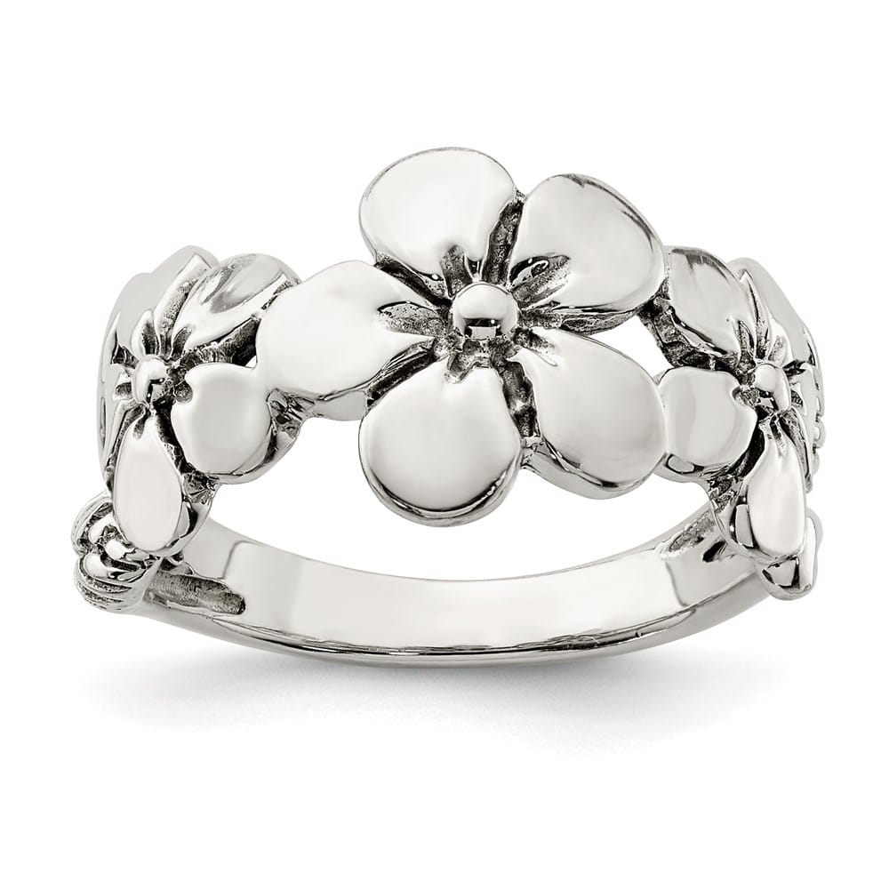 Sterling Silver Polished and Antiqued Flower Ring