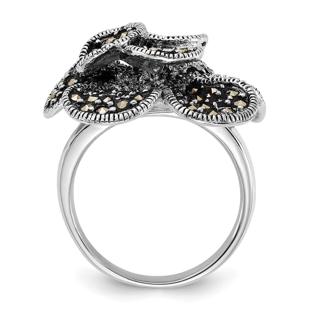 Sterling Silver Polished and Antiqued Marcasite Flower Ring