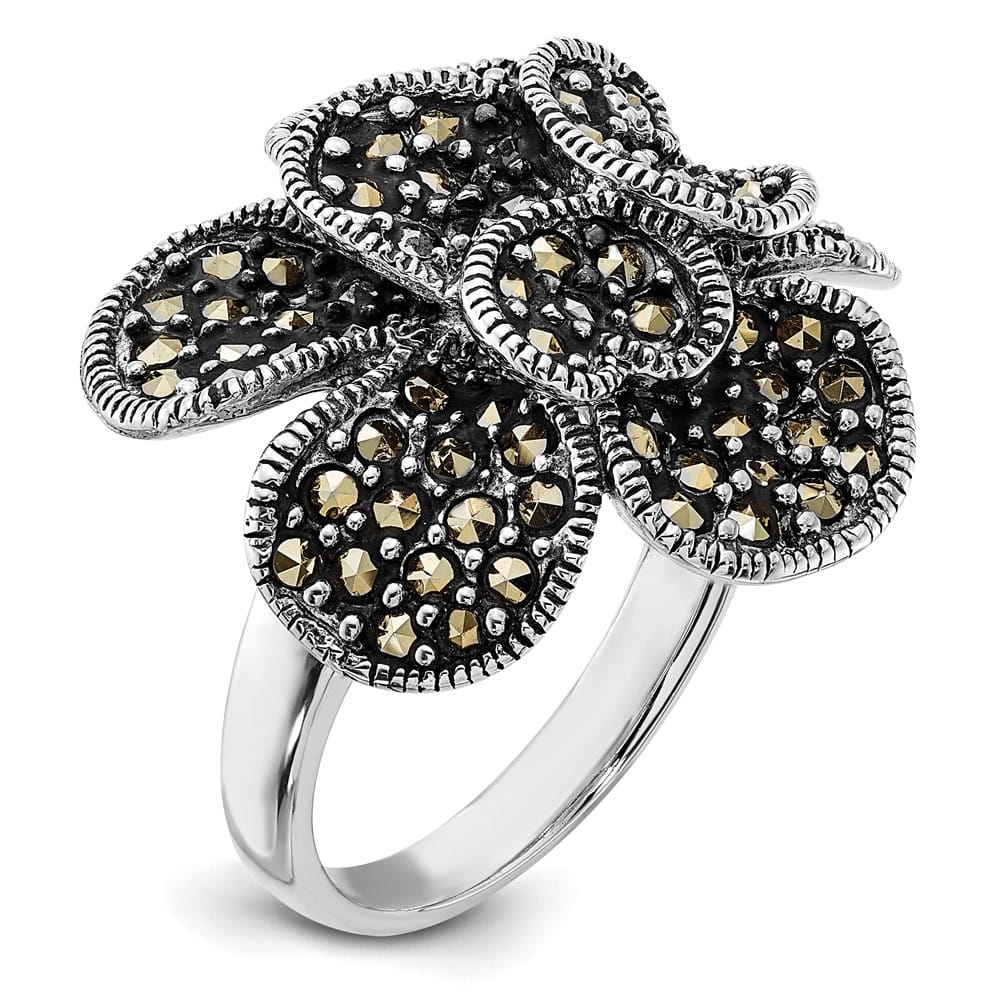 Sterling Silver Polished and Antiqued Marcasite Flower Ring