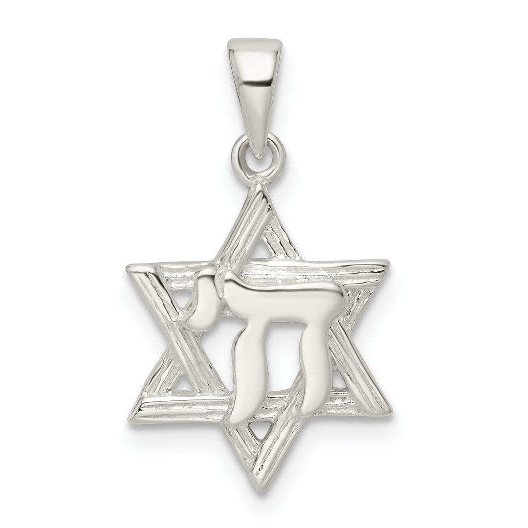 Sterling Silver Polished and D/C Star of David with Chai Pendant