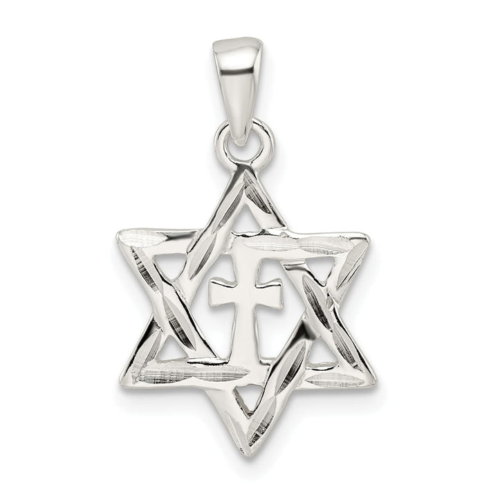Sterling Silver Polished and D/C Star of David with Cross Pendant