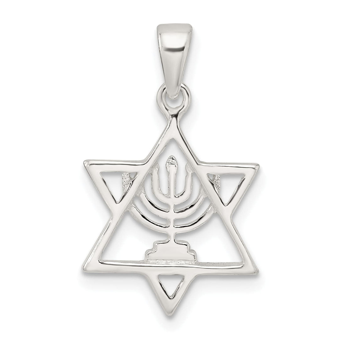 Sterling Silver Polished and D/C Star of David with Menorah Pendant