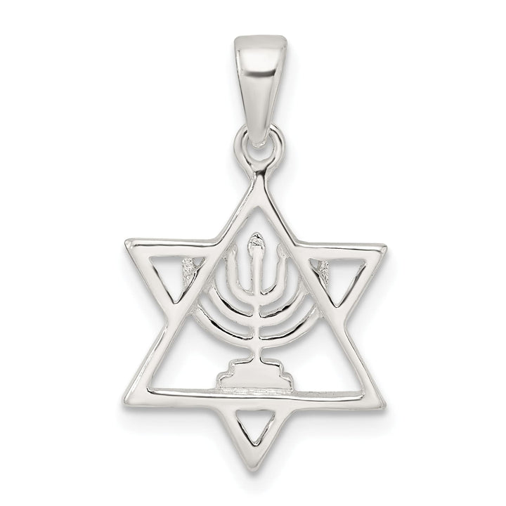 Sterling Silver Polished and D/C Star of David with Menorah Pendant