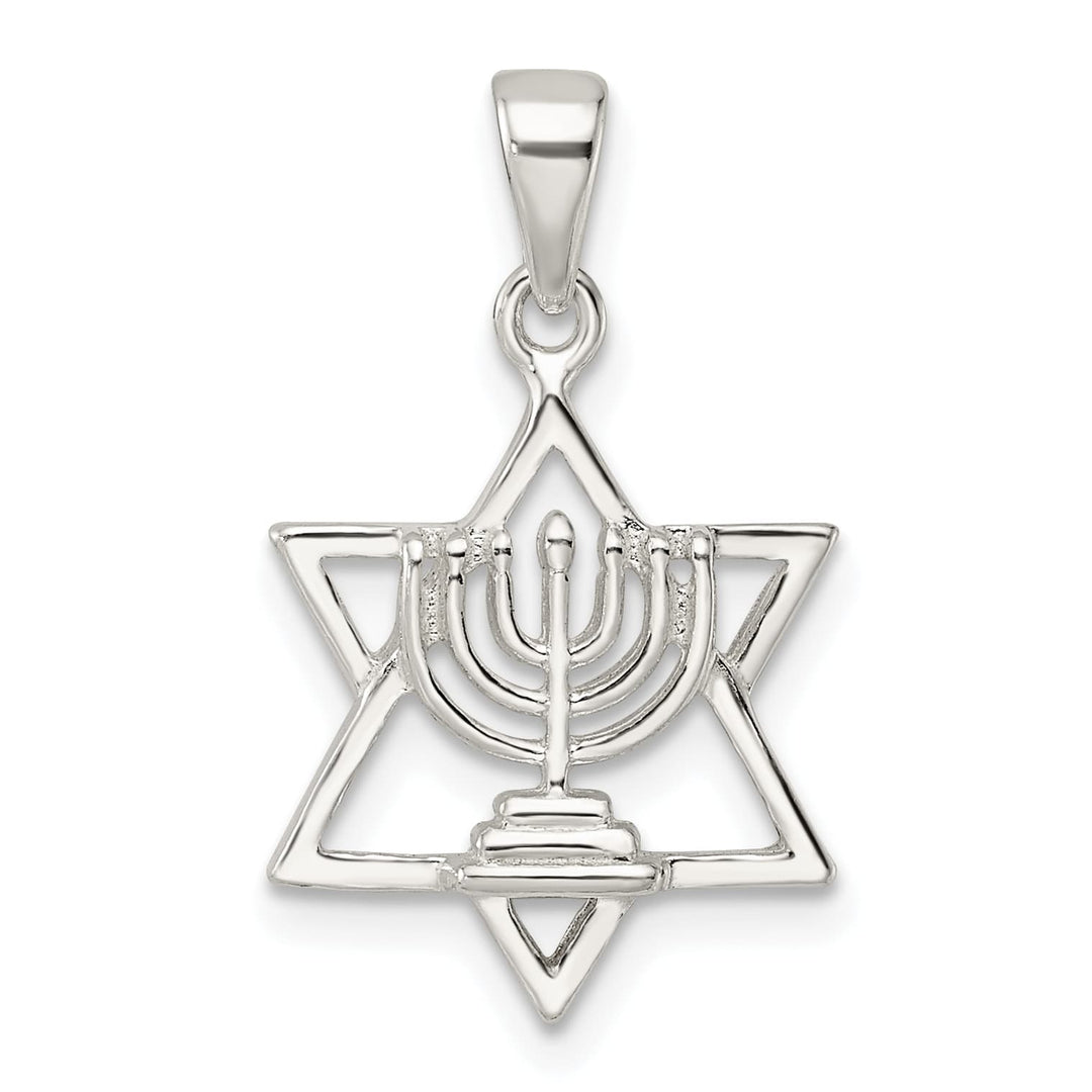 Sterling Silver Polished and D/C Star of David with Menorah Pendant