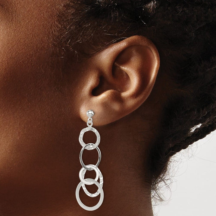 Sterling Silver Polished and Hammered Circles Post Dangle Earrings, view 3 of 4
