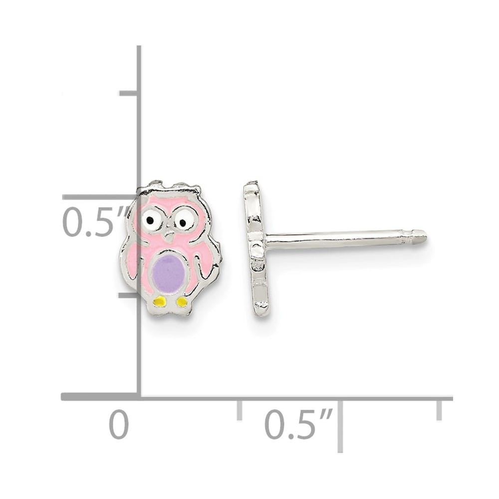 Sterling Silver Polished and Multi-color Enameled Owl Post Earrings