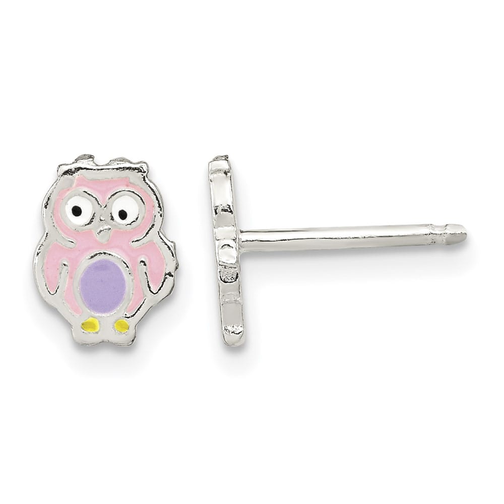 Sterling Silver Polished and Multi-color Enameled Owl Post Earrings