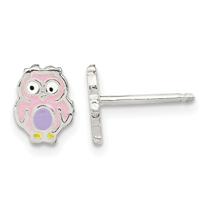 Sterling Silver Polished and Multi-color Enameled Owl Post Earrings