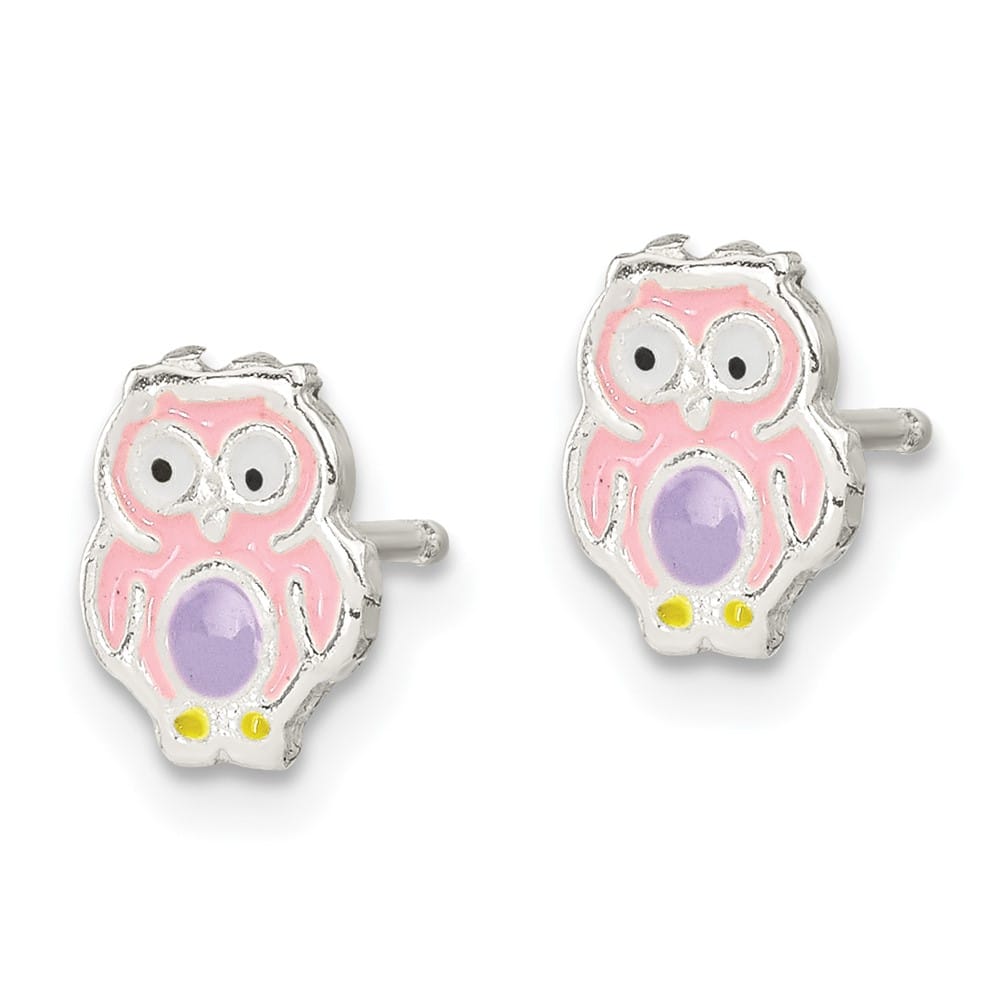Sterling Silver Polished and Multi-color Enameled Owl Post Earrings