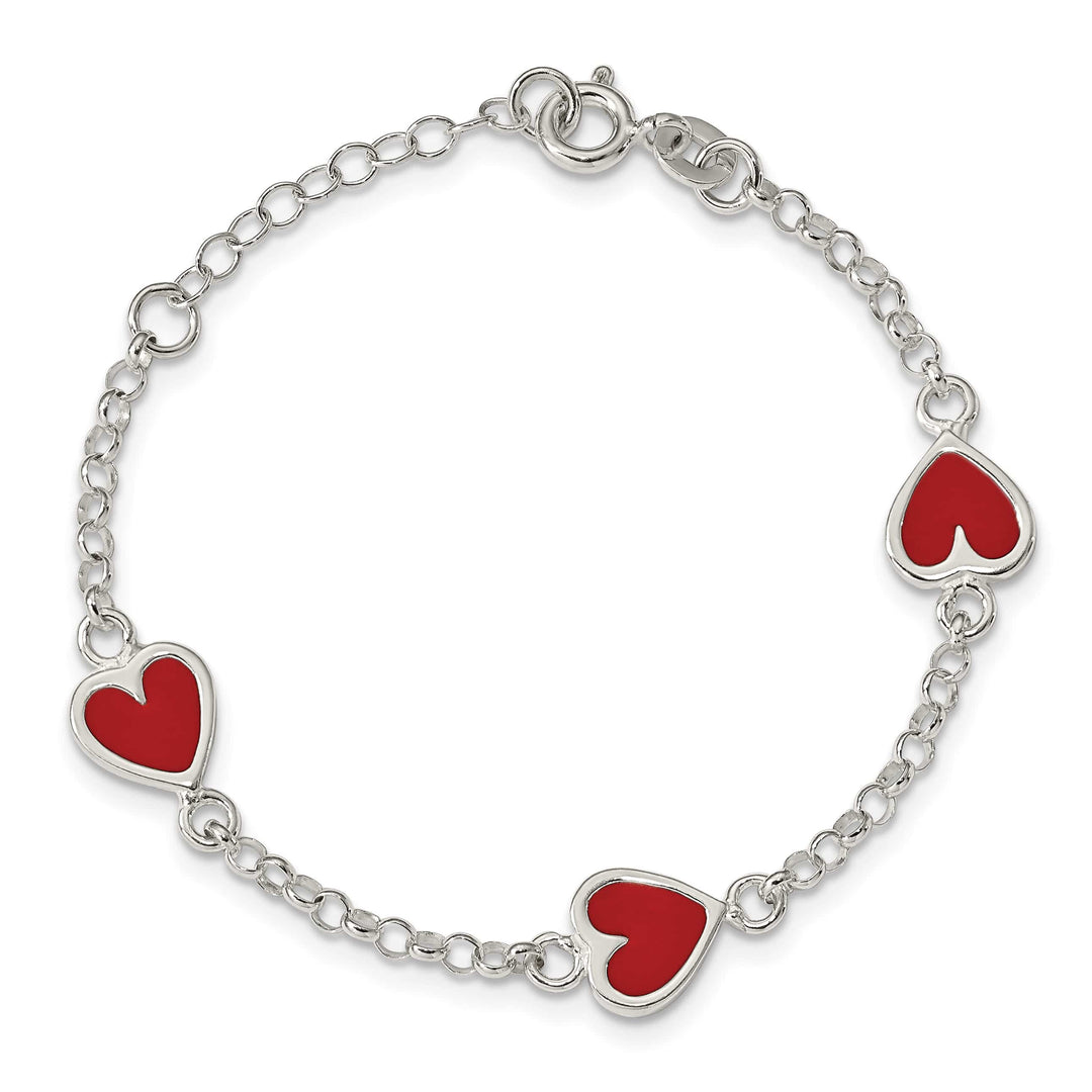 Sterling Silver Polished and Red Enamel Heart Children's Bracelet