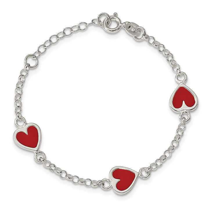 Sterling Silver Polished and Red Enamel Heart Children's Bracelet