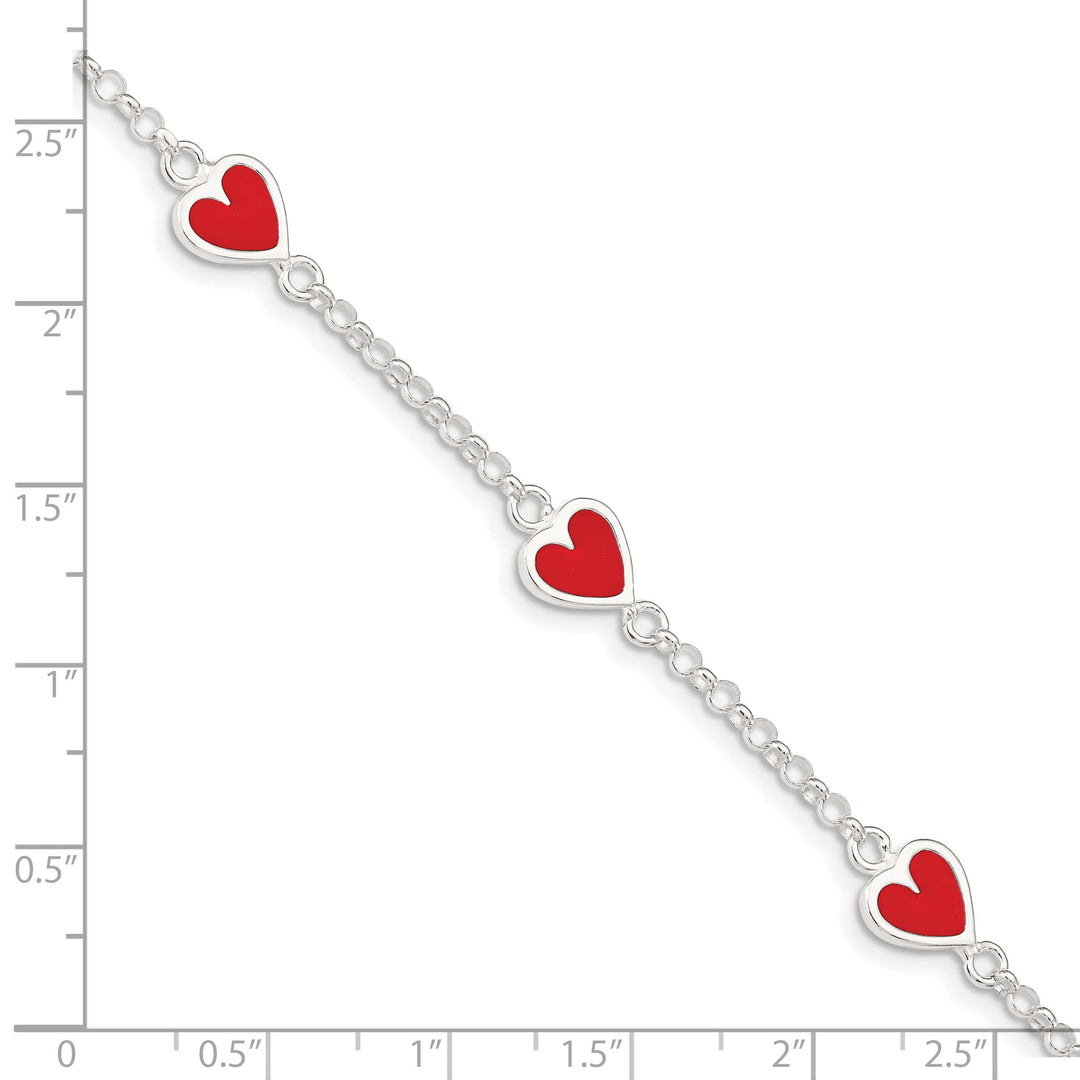 Sterling Silver Polished and Red Enamel Heart Children's Bracelet