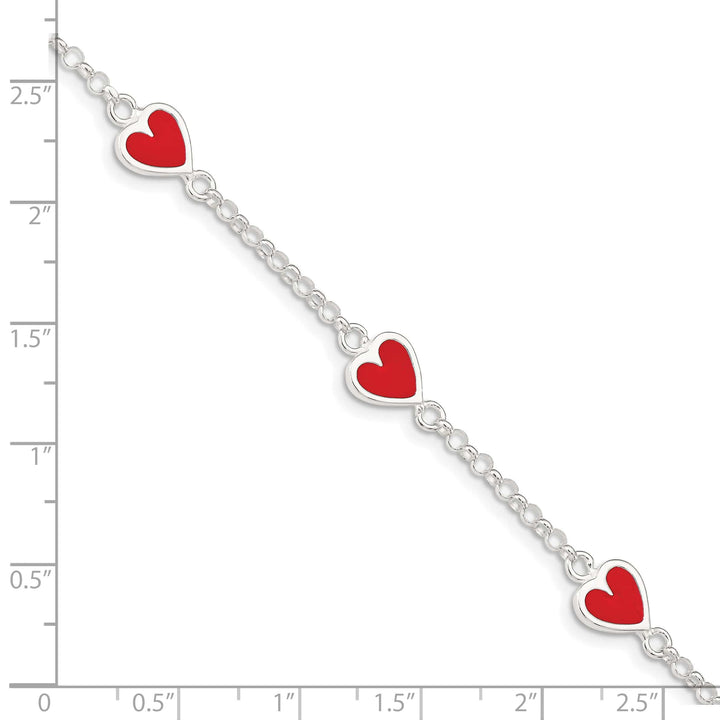 Sterling Silver Polished and Red Enamel Heart Children's Bracelet
