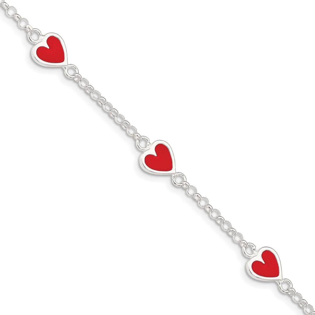 Sterling Silver Polished and Red Enamel Heart Children's Bracelet