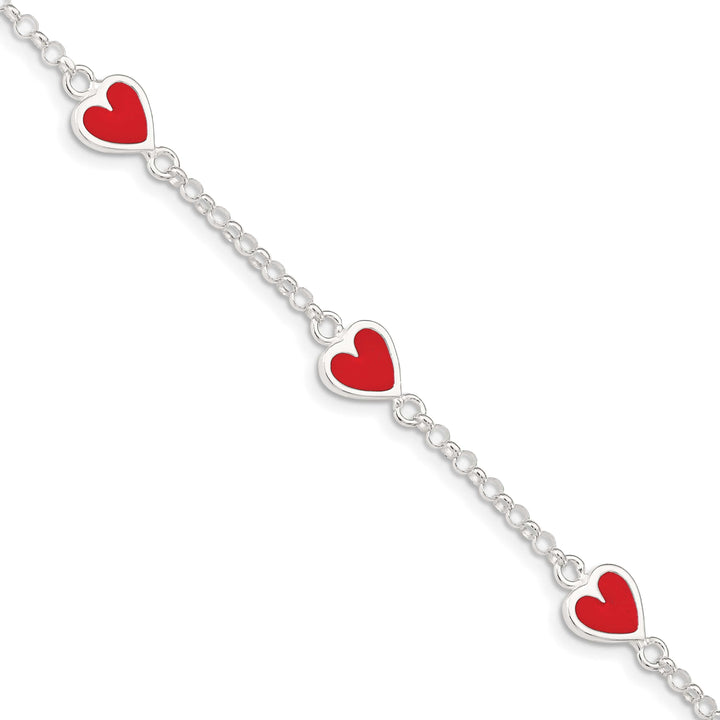 Sterling Silver Polished and Red Enamel Heart Children's Bracelet