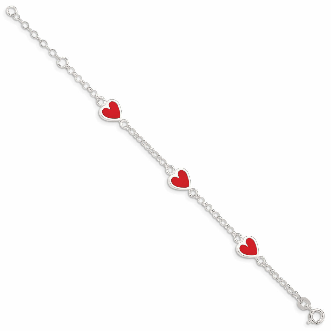 Sterling Silver Polished and Red Enamel Heart Children's Bracelet
