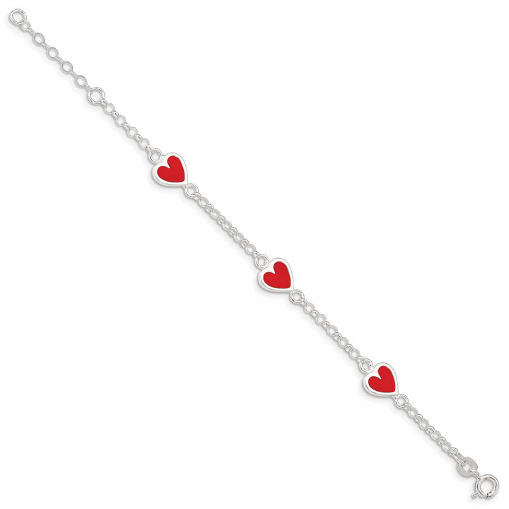 Sterling Silver Polished and Red Enamel Heart Children's Bracelet
