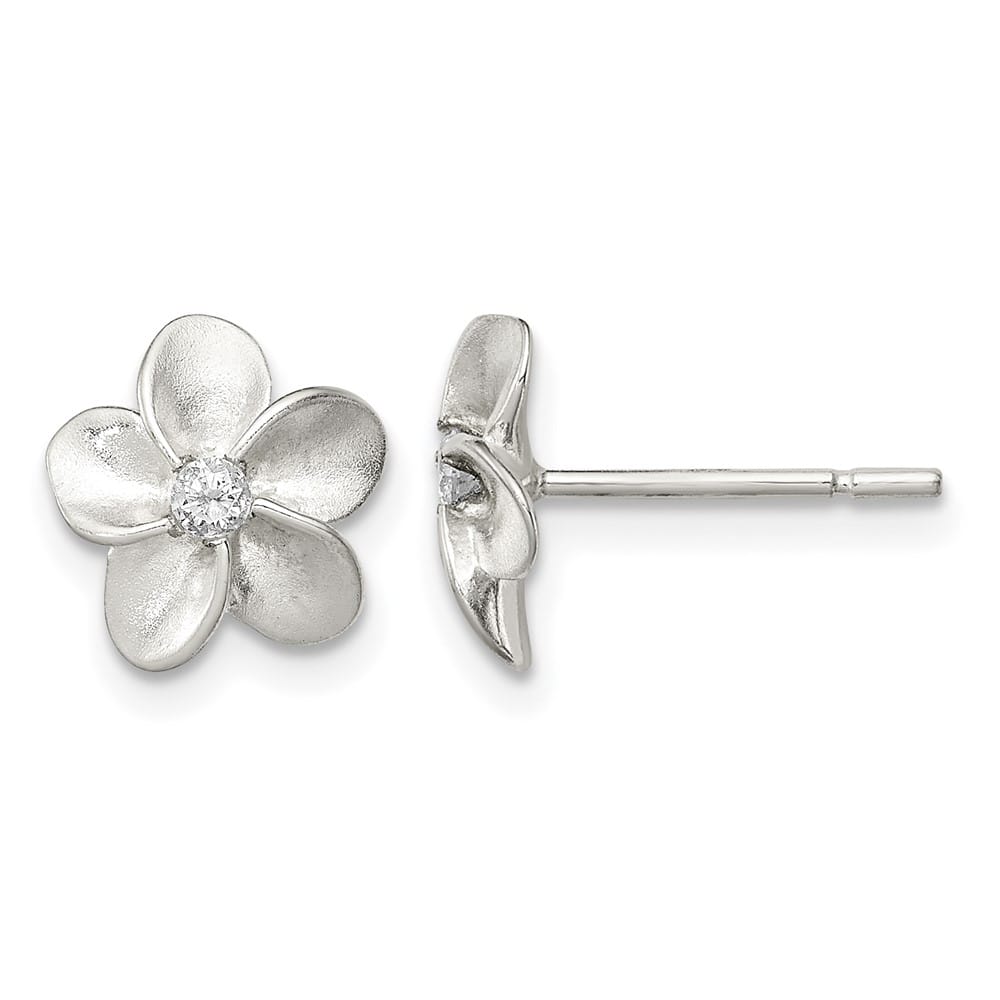 Sterling Silver Polished and Satin Flower with CZ Post Earrings, view 1 of 4