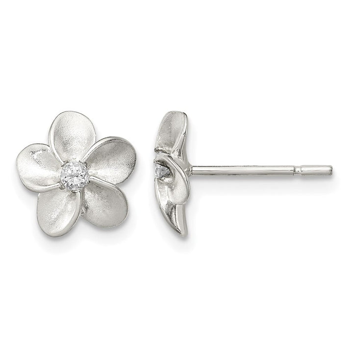Sterling Silver Polished and Satin Flower with CZ Post Earrings, view 1 of 4