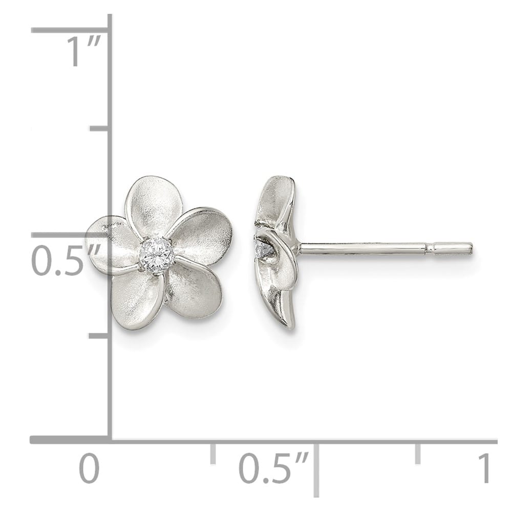 Sterling Silver Polished and Satin Flower with CZ Post Earrings, view 4 of 4