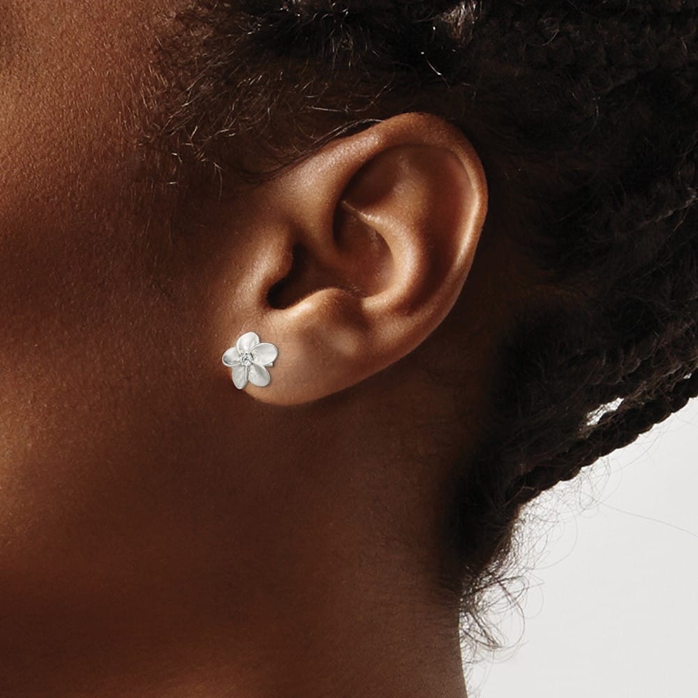 Sterling Silver Polished and Satin Flower with CZ Post Earrings, view 3 of 4