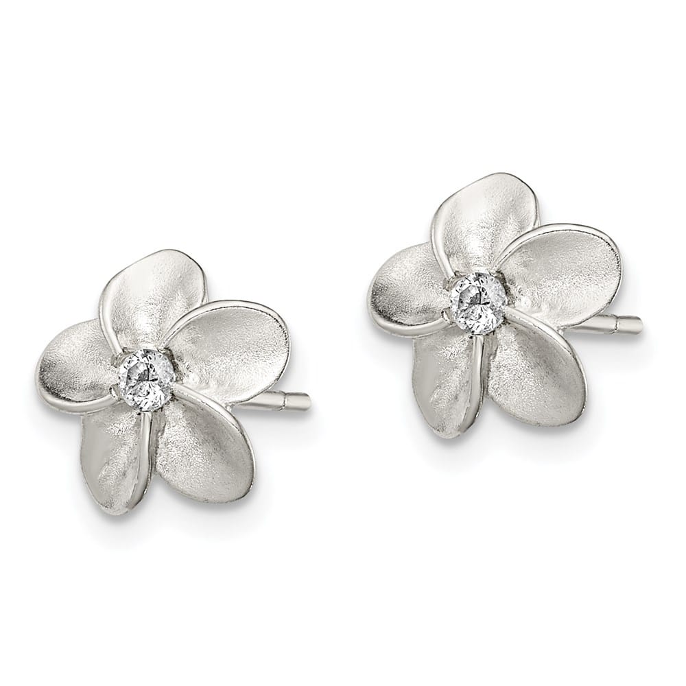 Sterling Silver Polished and Satin Flower with CZ Post Earrings, view 2 of 4