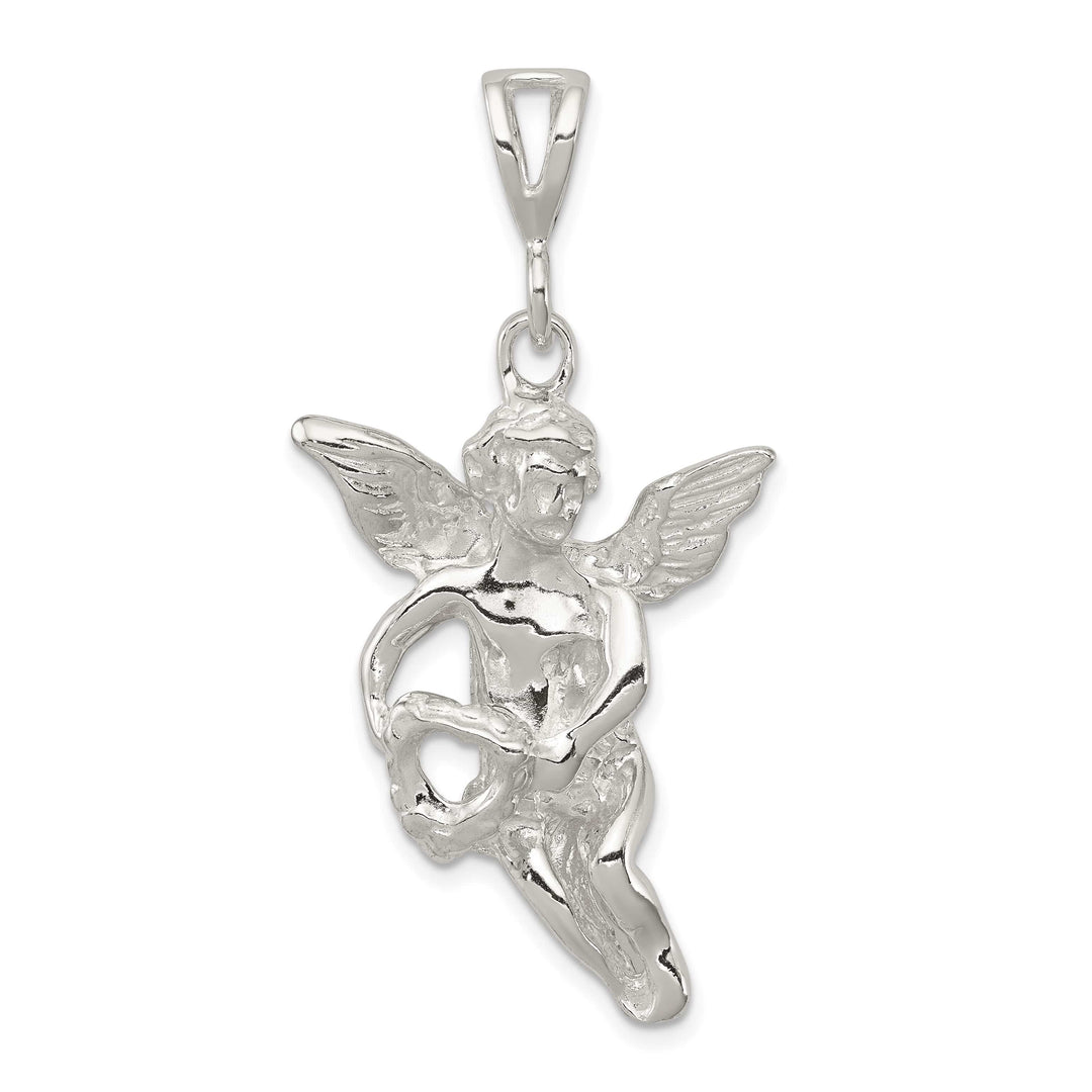 Sterling Silver Polished and Textured Flying Angel with Heart Pendant