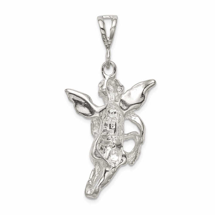 Sterling Silver Polished and Textured Flying Angel with Heart Pendant